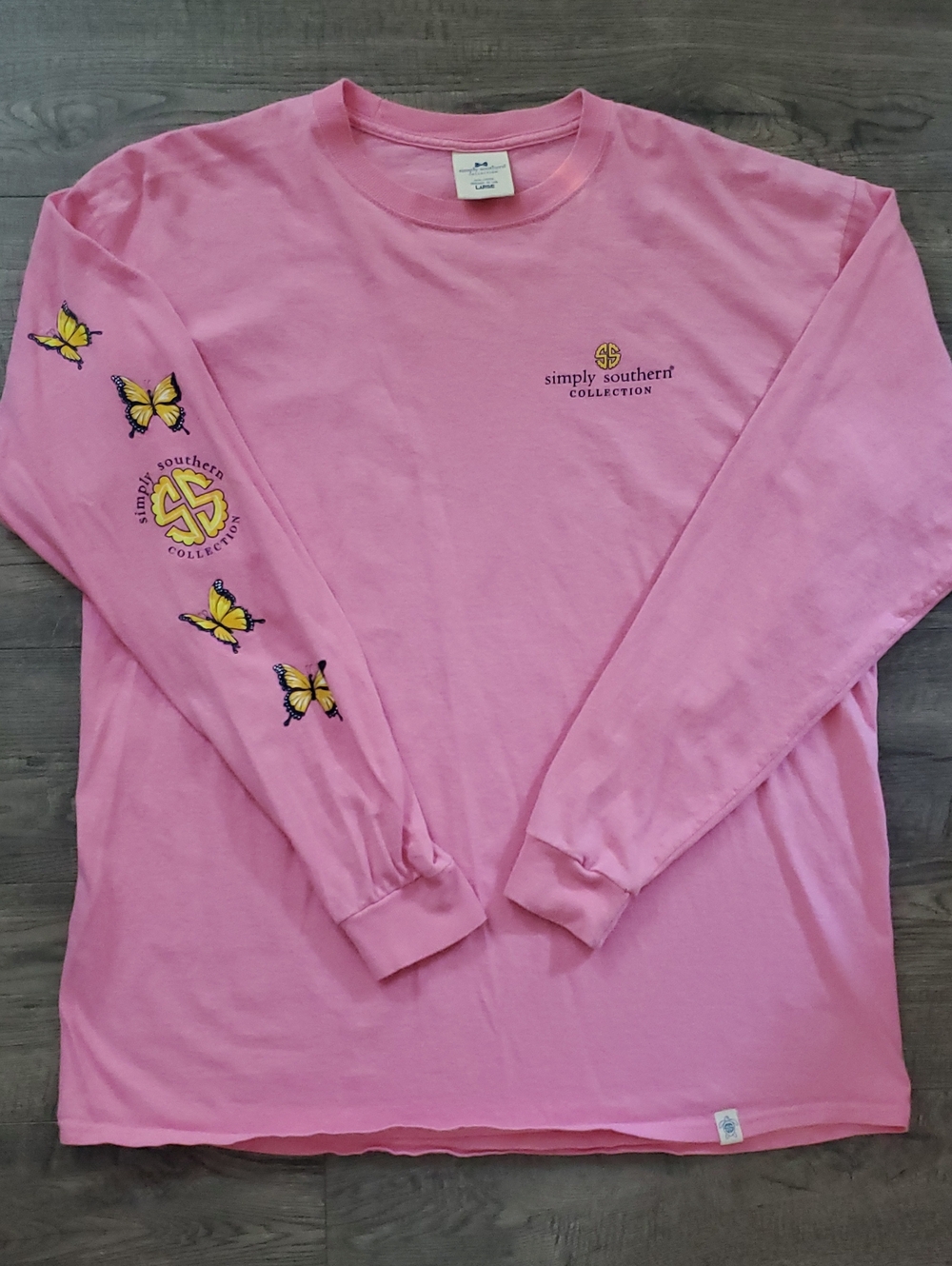 Simply Southern Pink Long-Sleeve Tee with Yellow Butterfly Sleeve Accents